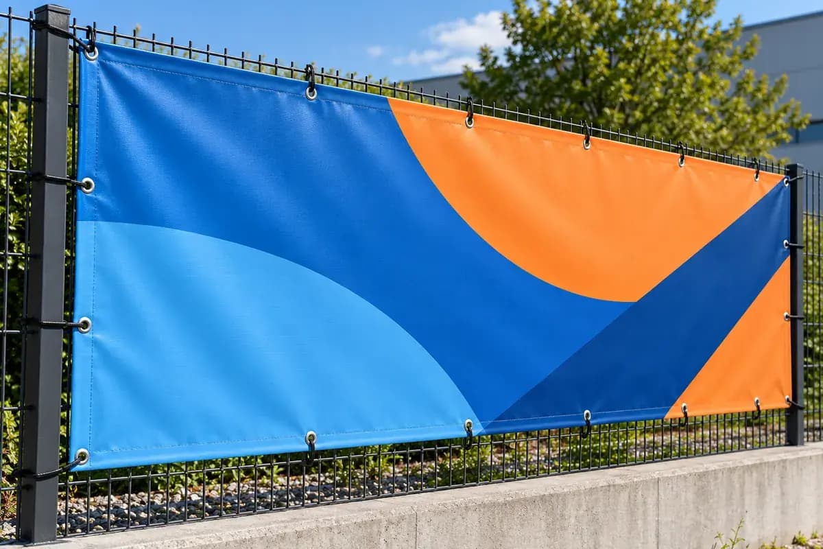 Banner cu grafică geometrică, prins prin capse pe un gard