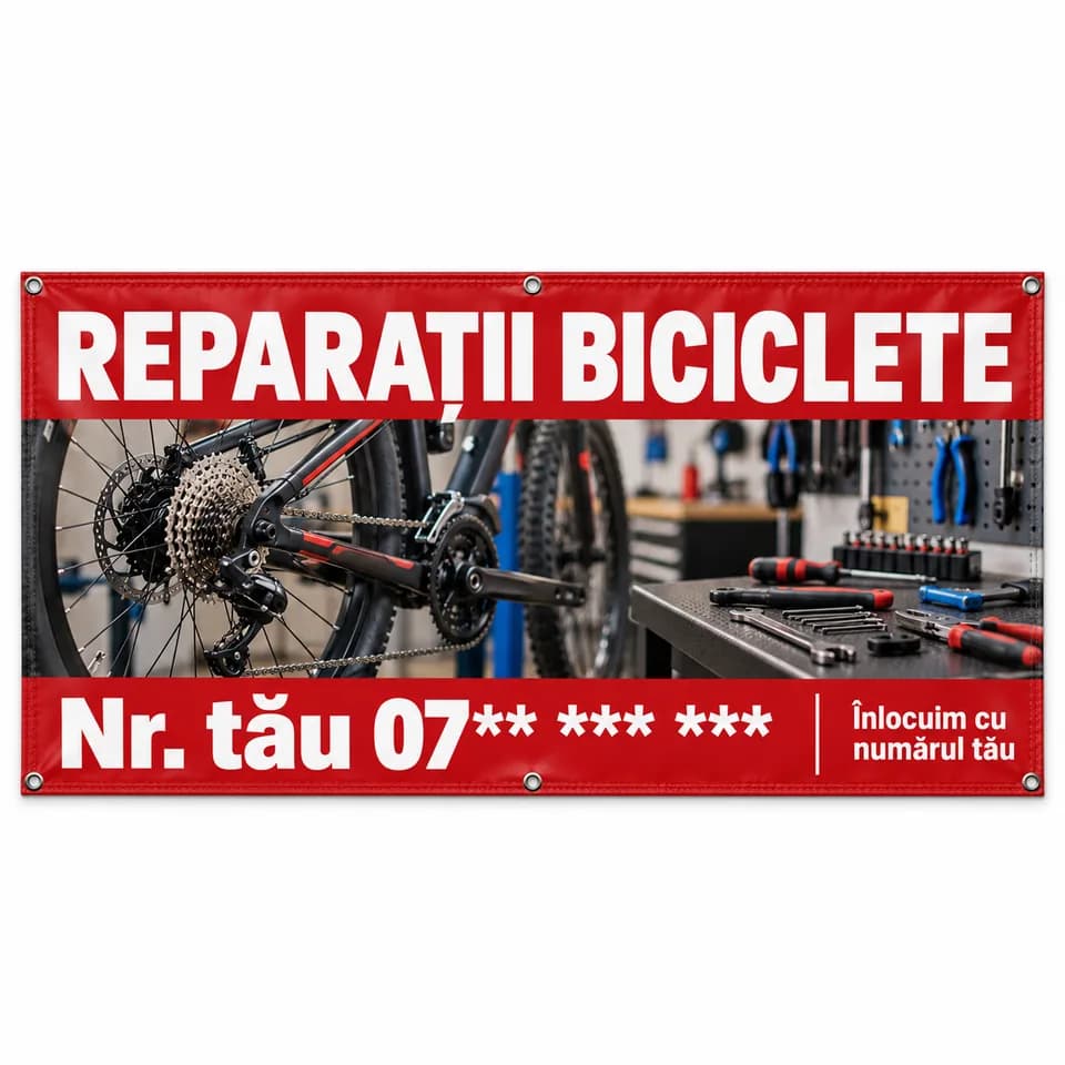 Banner reparații biciclete cu numărul tău
