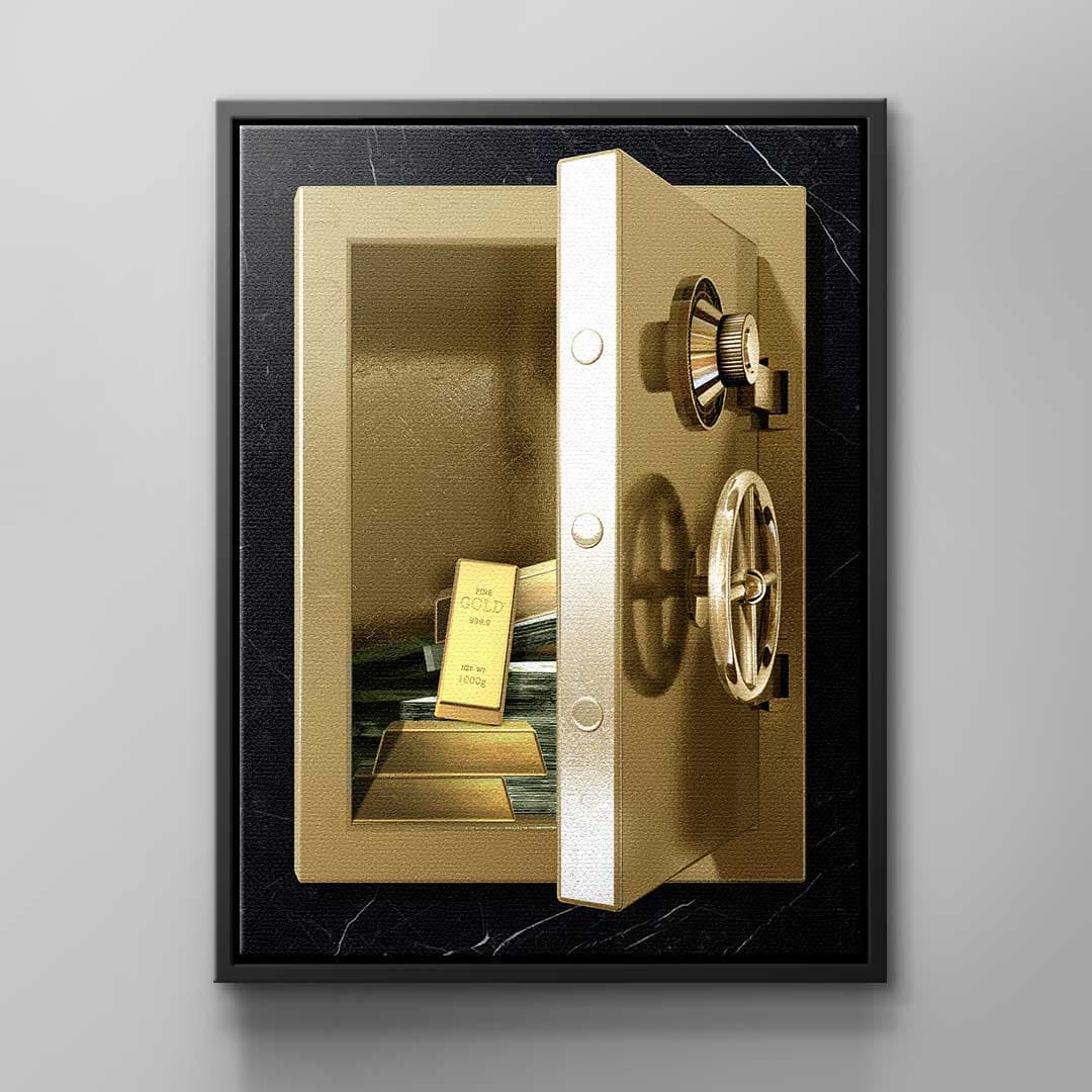 Tablou canvas seif auriu plin de bani – artă pentru birou