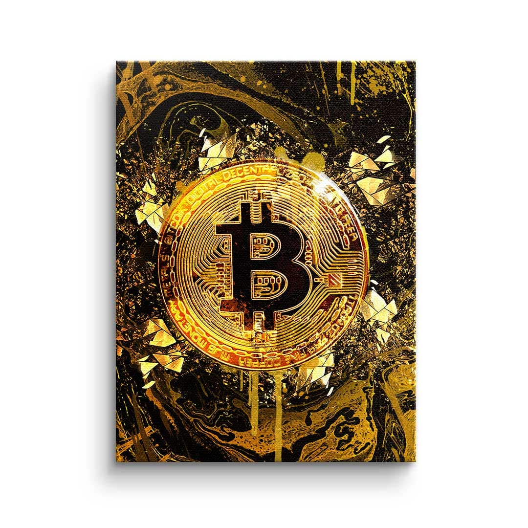 Tablou canvas monedă bitcoin aurie pe negru – artă pentru birou