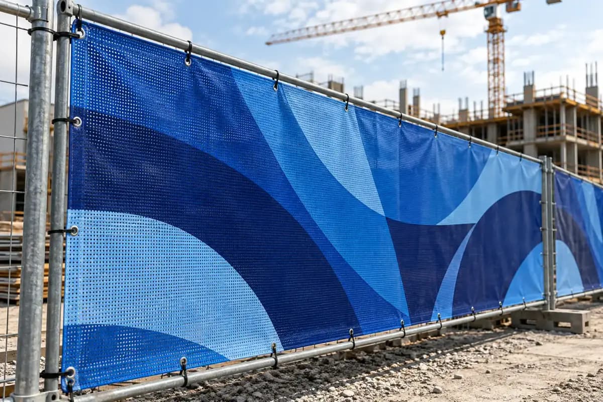 Banner mesh prins cu coliere pe un gard de șantier