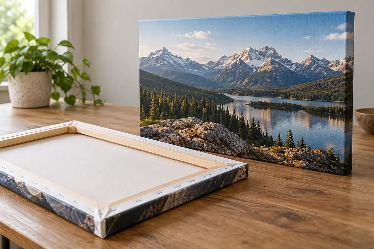 Tablou canvas cu peisaj și șasiu din lemn văzut din spate