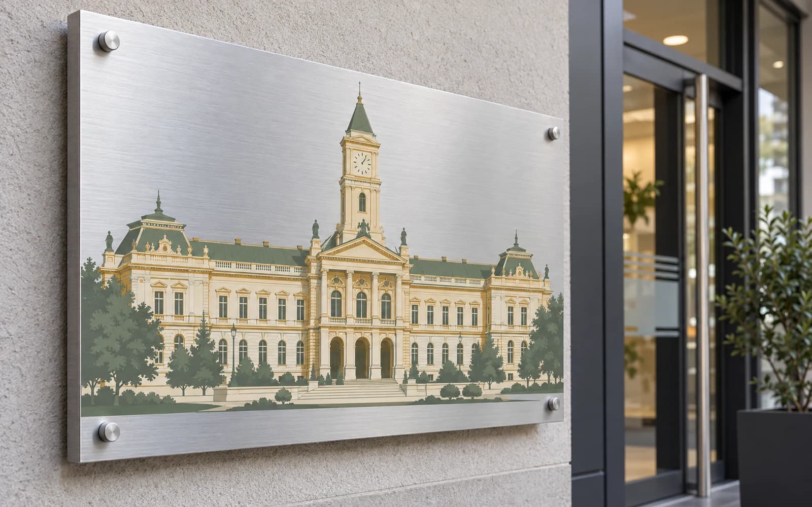Panou imprimat cu ilustrația reperului Palatul Administrativ, la intrarea unei clădiri moderne.