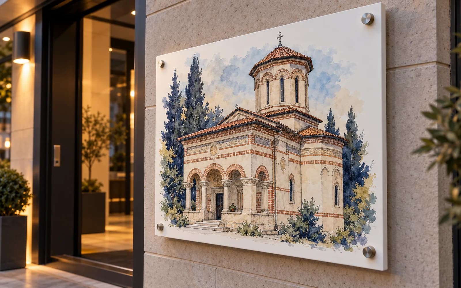 Panou imprimat cu ilustrația reperului Biserica Domnească Sfântul Gheorghe, la intrarea unei clădiri moderne.