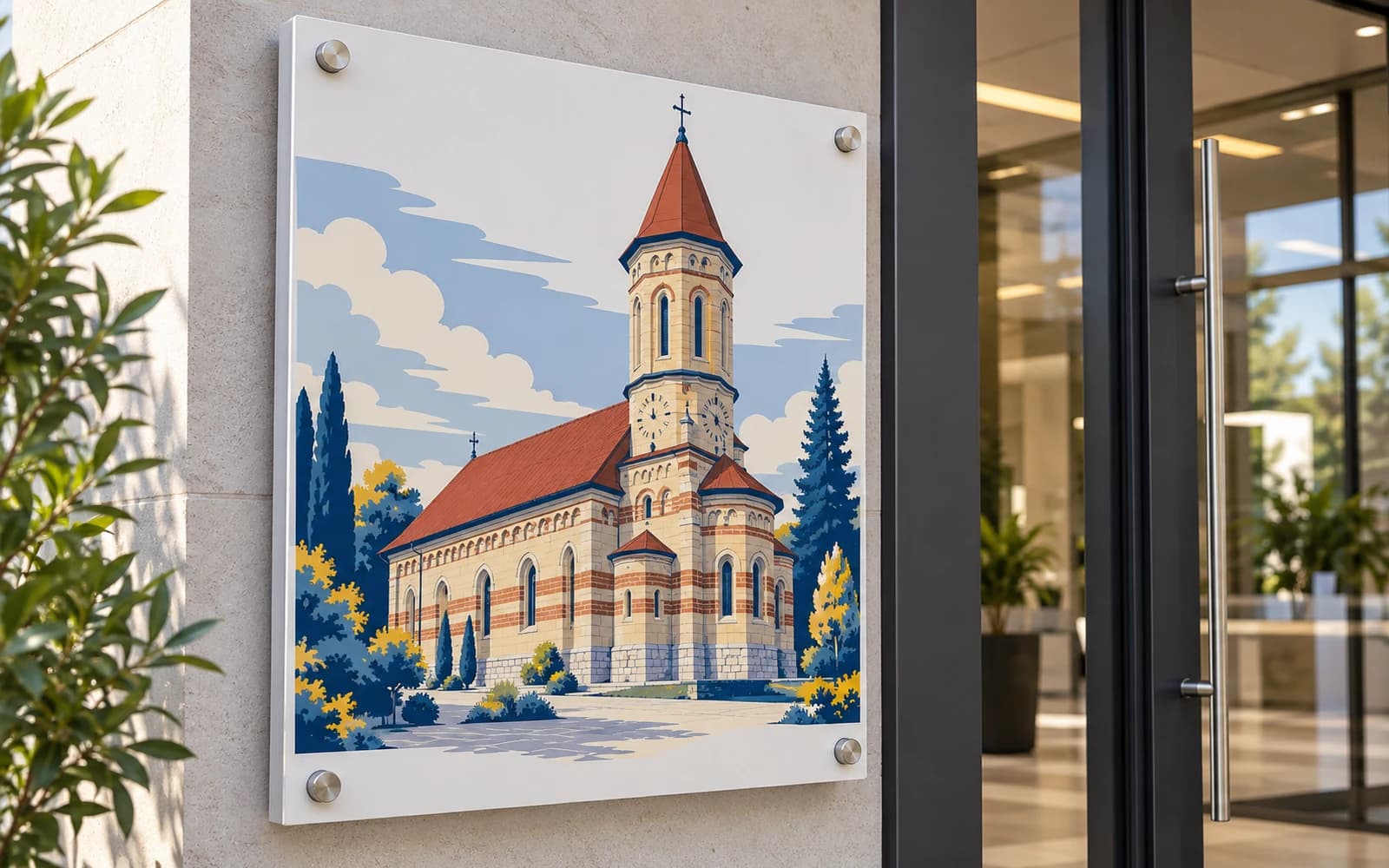 Panou imprimat cu ilustrația reperului Biserica Precista, la intrarea unei clădiri moderne.