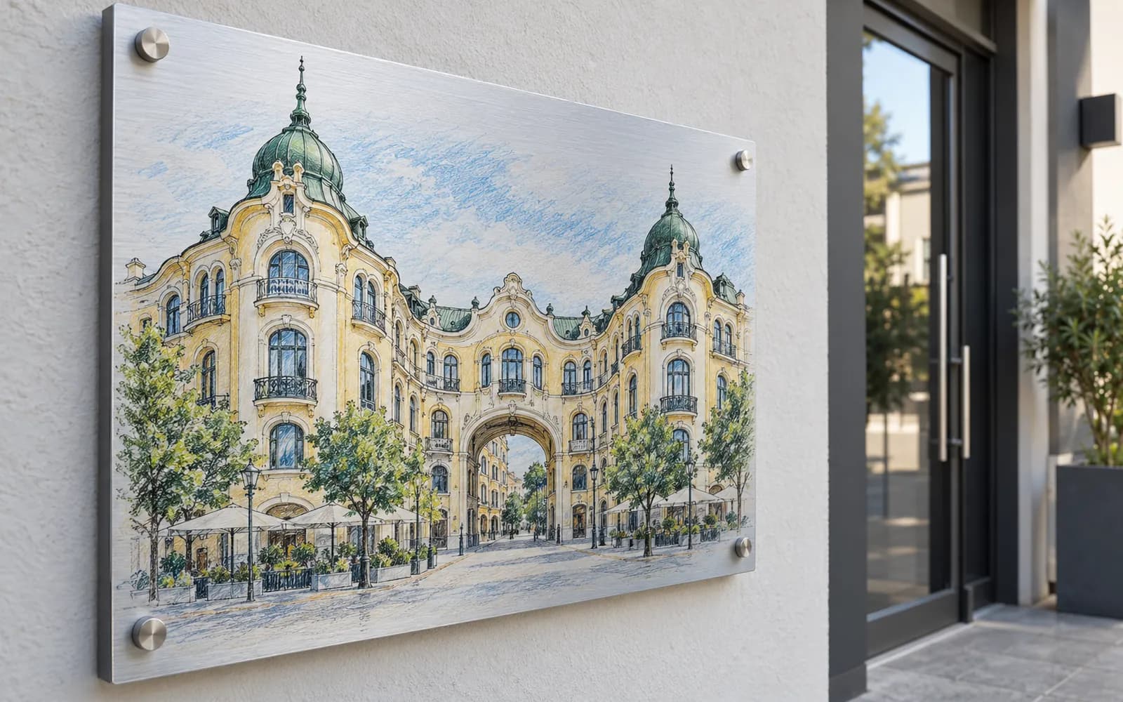 Panou imprimat cu ilustrația reperului Palatul Vulturul Negru, la intrarea unei clădiri moderne.