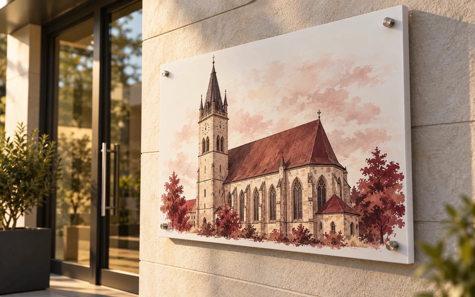 Panou imprimat cu ilustrația reperului Biserica Evanghelică, la intrarea unei clădiri moderne.