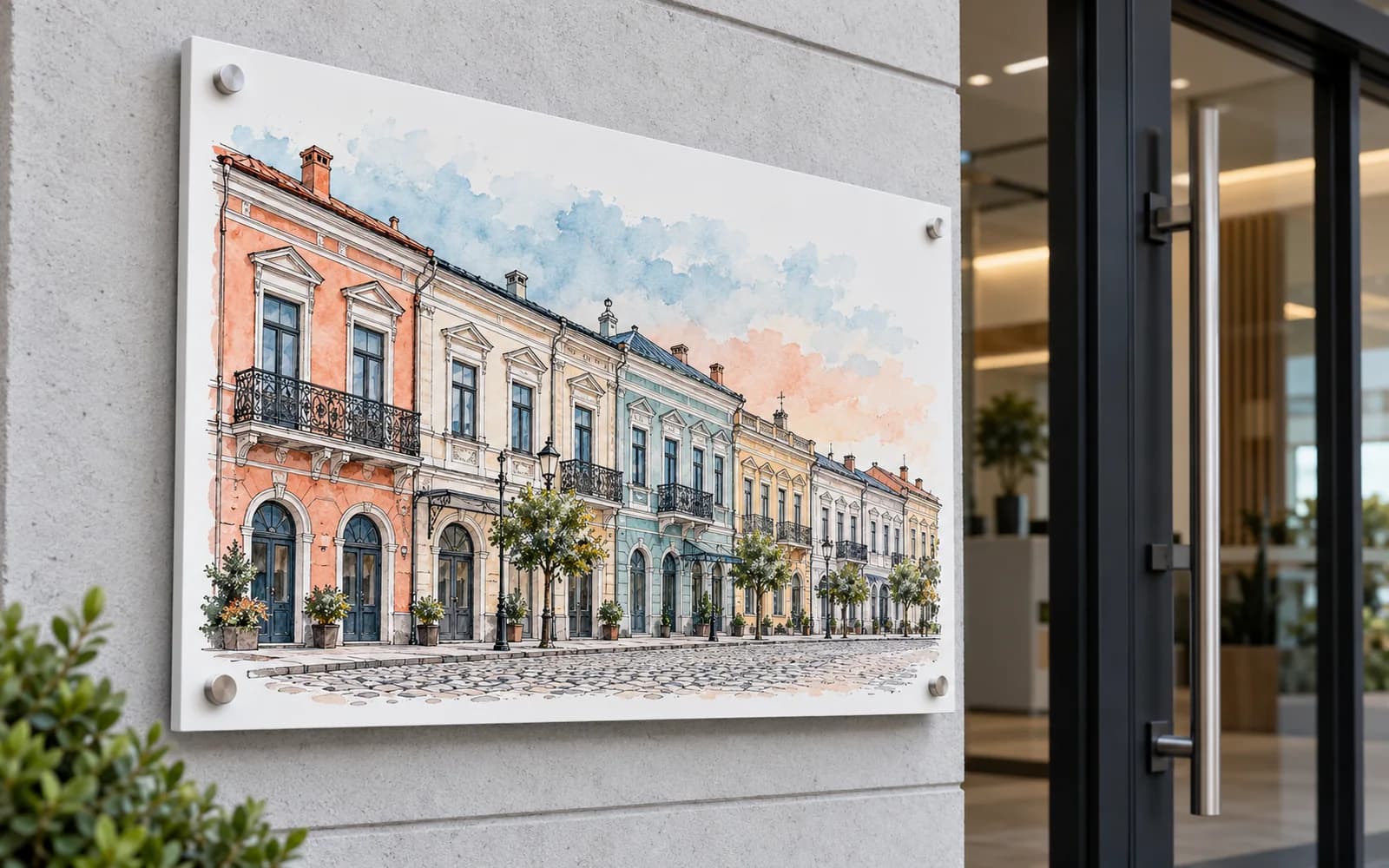 Panou imprimat cu ilustrația reperului Centrul Vechi, la intrarea unei clădiri moderne.