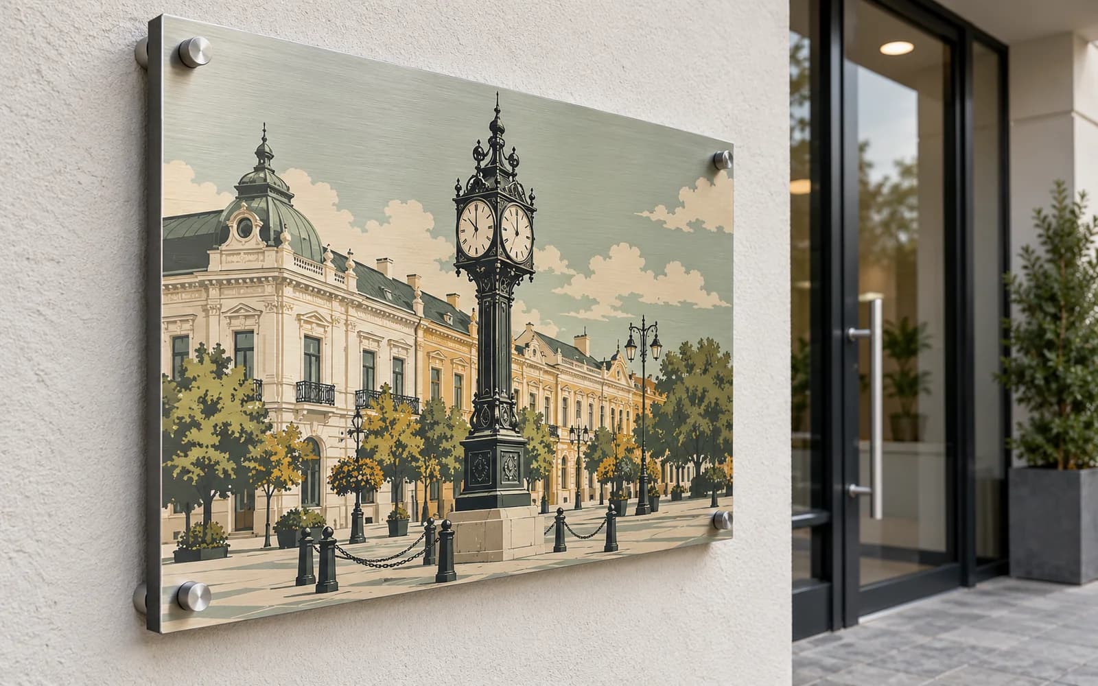 Panou imprimat cu ilustrația reperului Ceasul din Piața Traian, la intrarea unei clădiri moderne.
