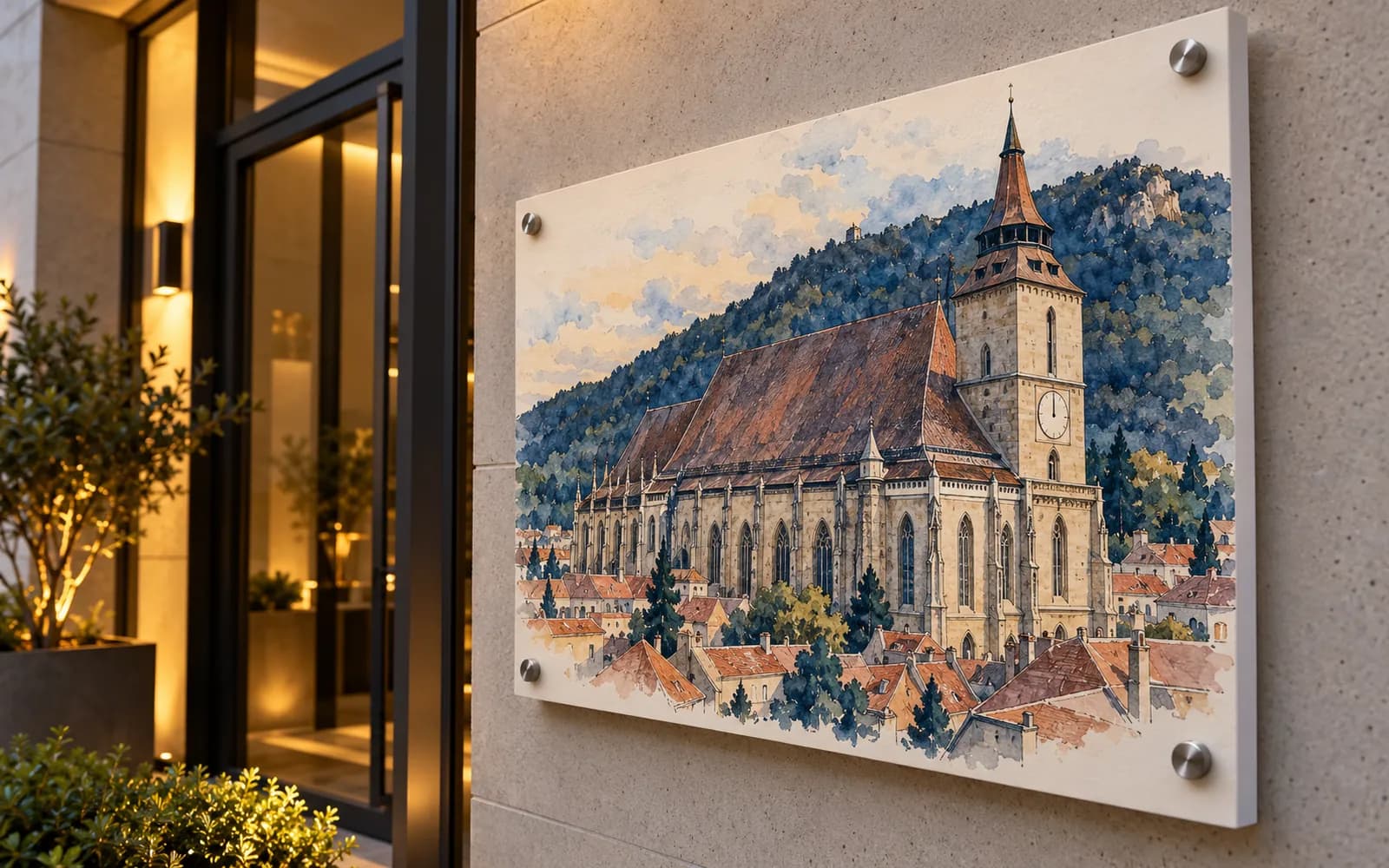 Panou imprimat cu ilustrația reperului Biserica Neagră și Tâmpa, la intrarea unei clădiri moderne.