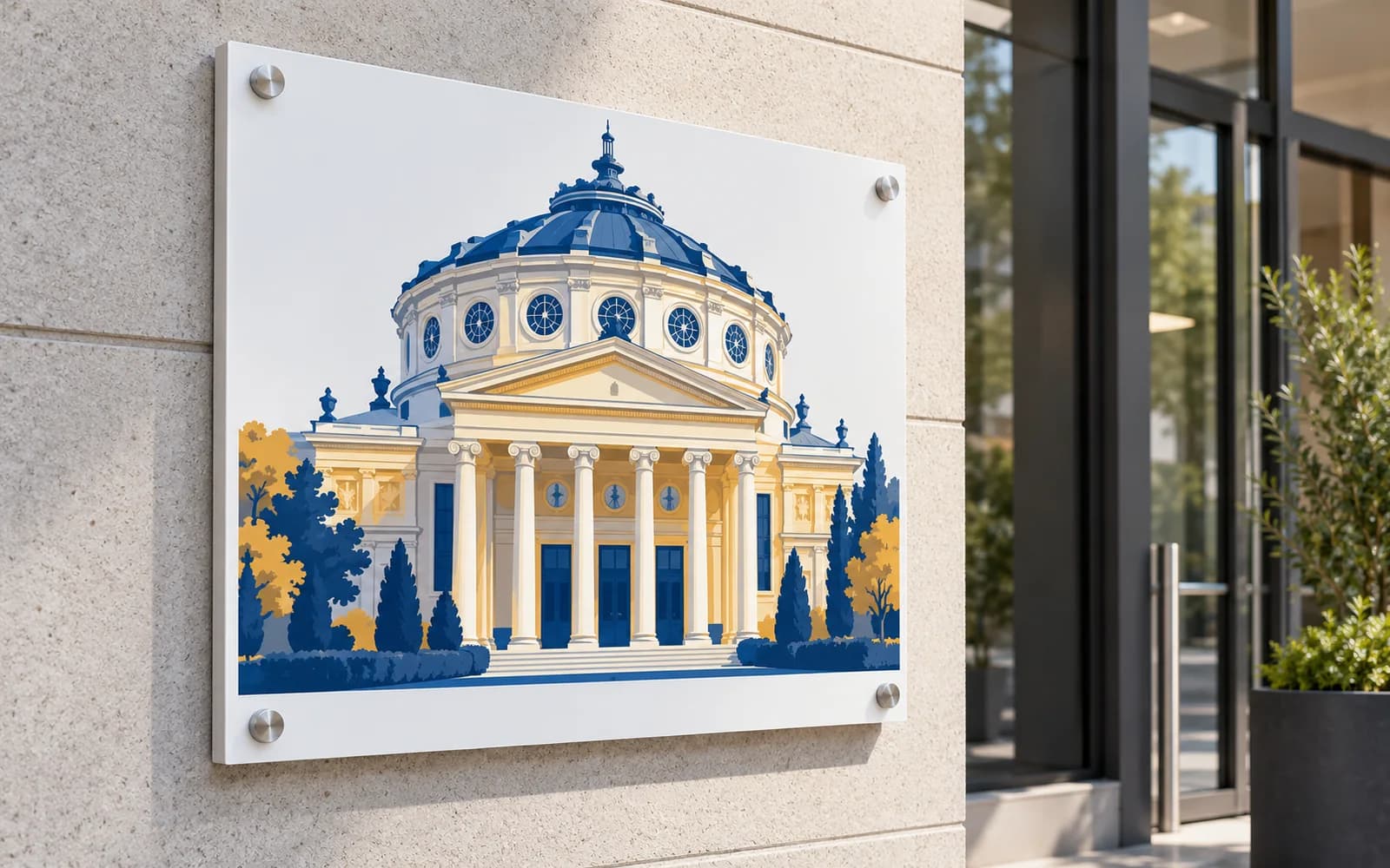 Panou imprimat cu ilustrația reperului Ateneul Român, la intrarea unei clădiri moderne.