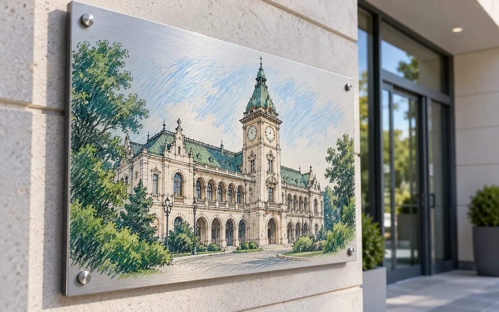 Panou imprimat cu ilustrația reperului Palatul Comunal, la intrarea unei clădiri moderne.