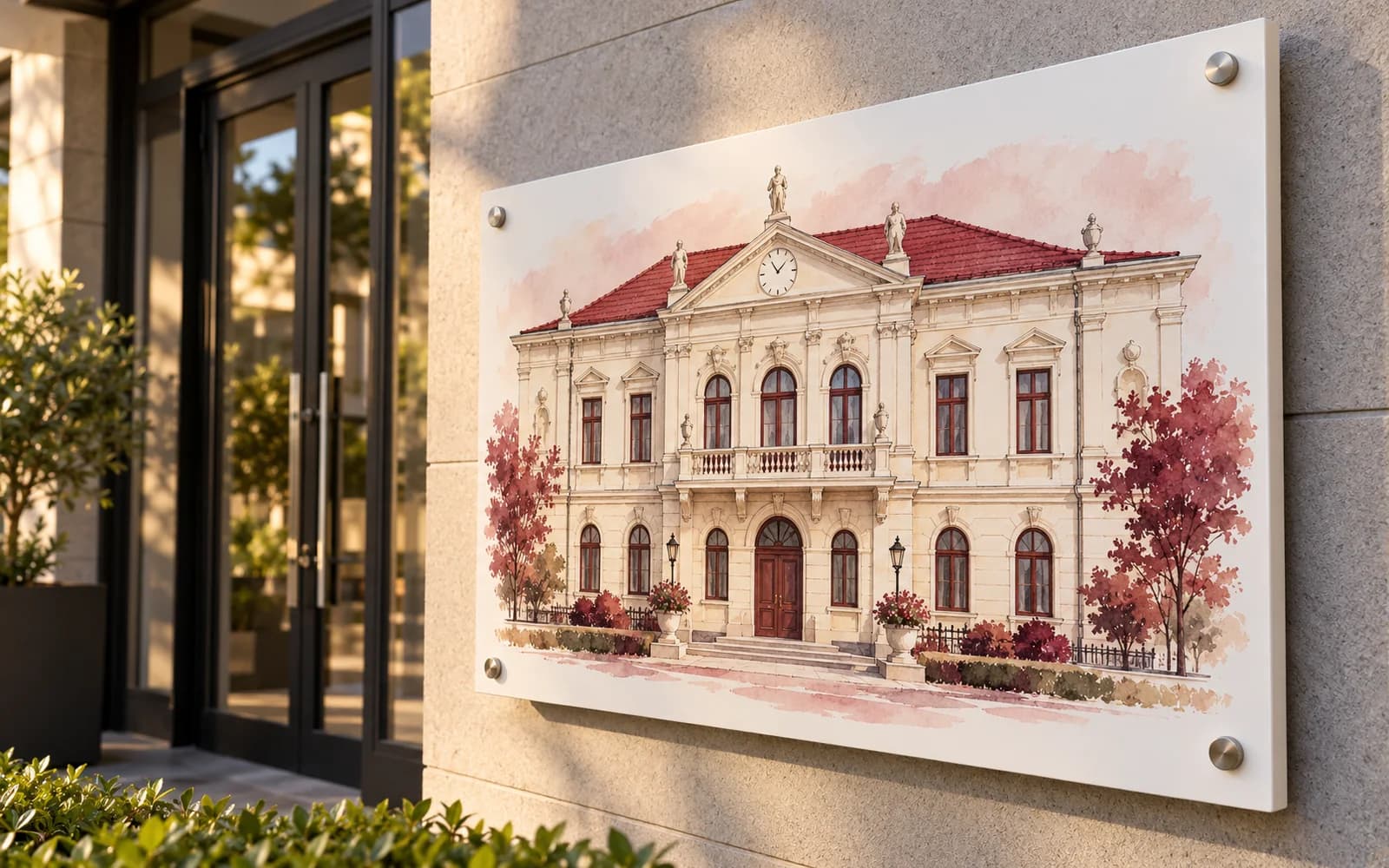 Panou imprimat cu ilustrația reperului Muzeul Municipal, la intrarea unei clădiri moderne.