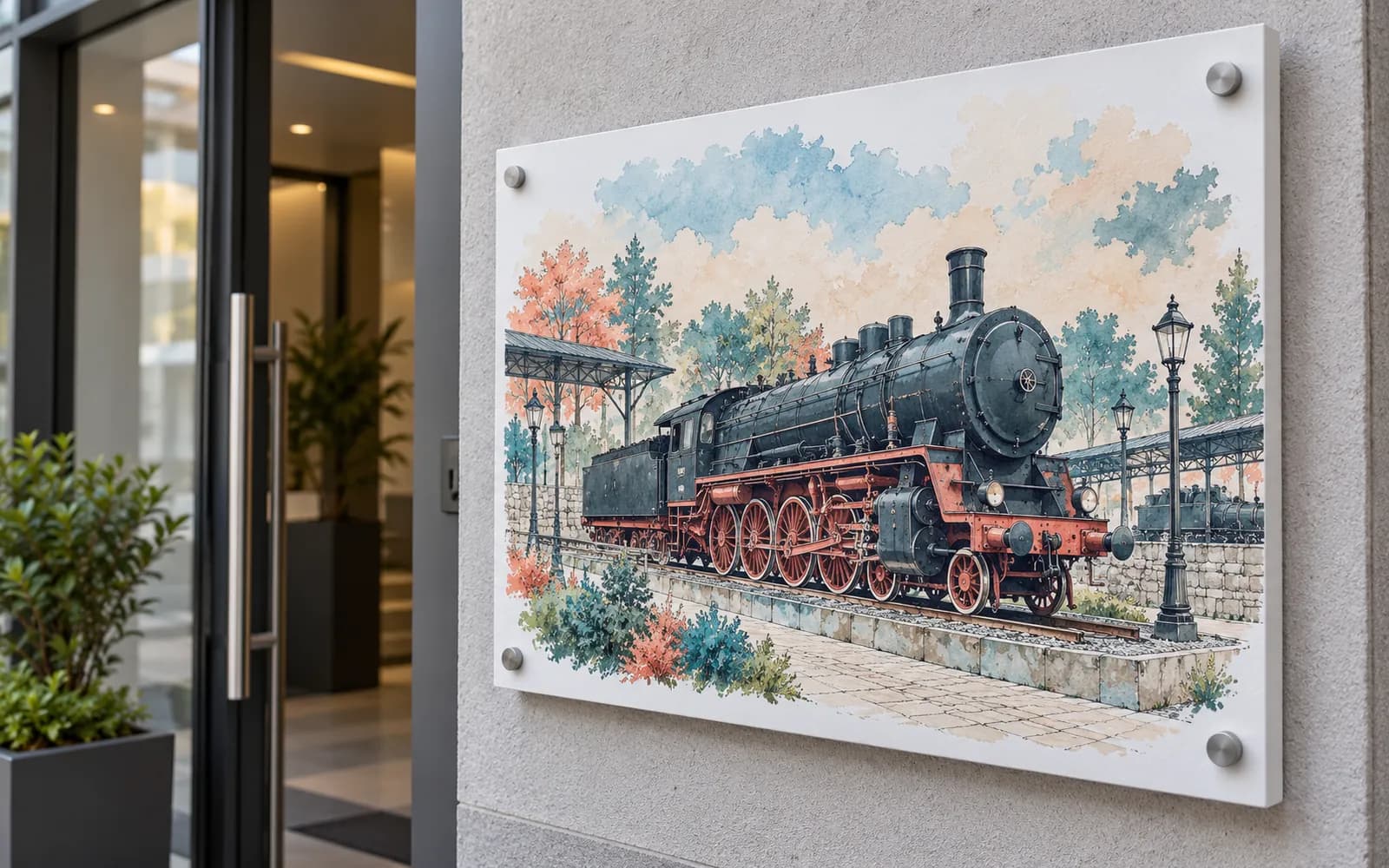Panou imprimat cu ilustrația reperului Muzeul Locomotivelor cu Abur, la intrarea unei clădiri moderne.