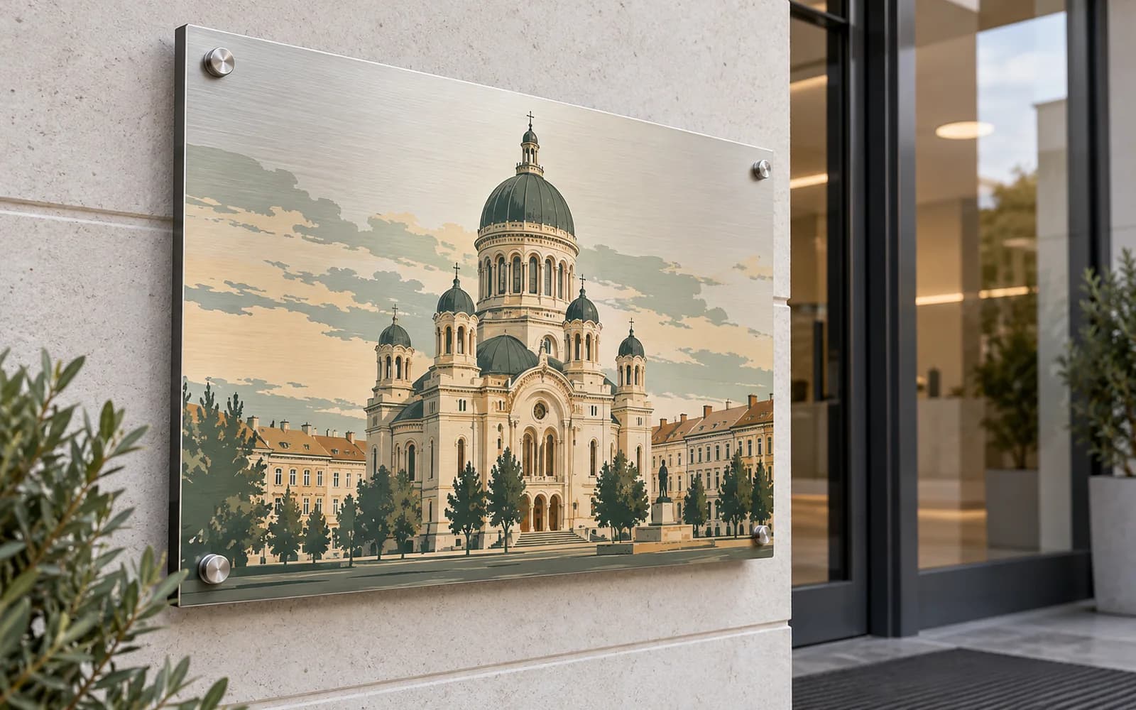 Panou imprimat cu ilustrația reperului Catedrala Ortodoxă și centrul Clujului, la intrarea unei clădiri moderne.