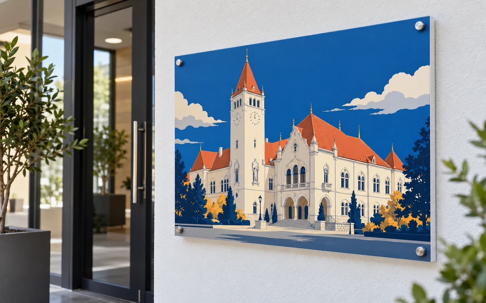 Panou imprimat cu ilustrația reperului Muzeul Național Secuiesc, la intrarea unei clădiri moderne.