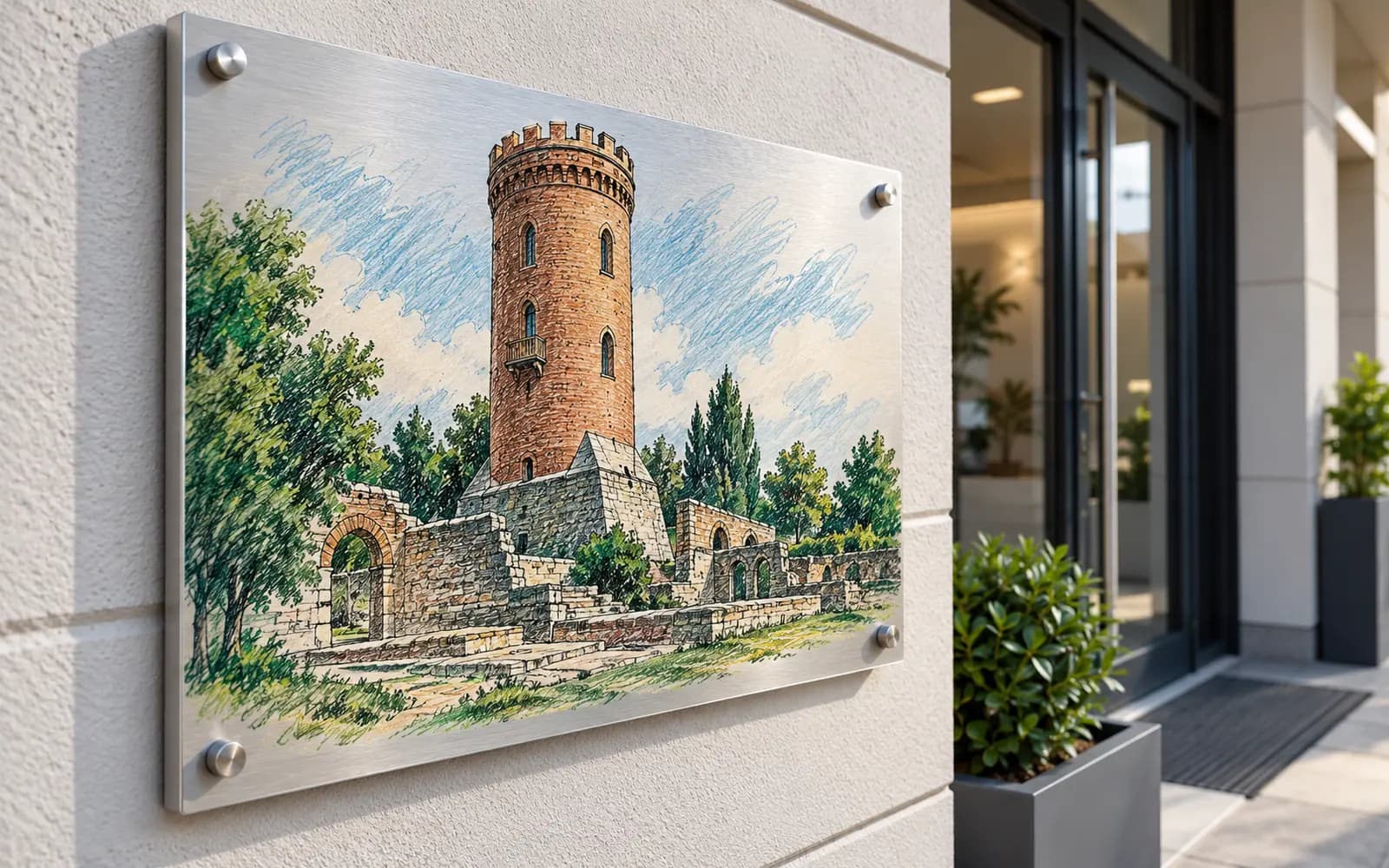 Panou imprimat cu ilustrația reperului Turnul Chindiei, la intrarea unei clădiri moderne.