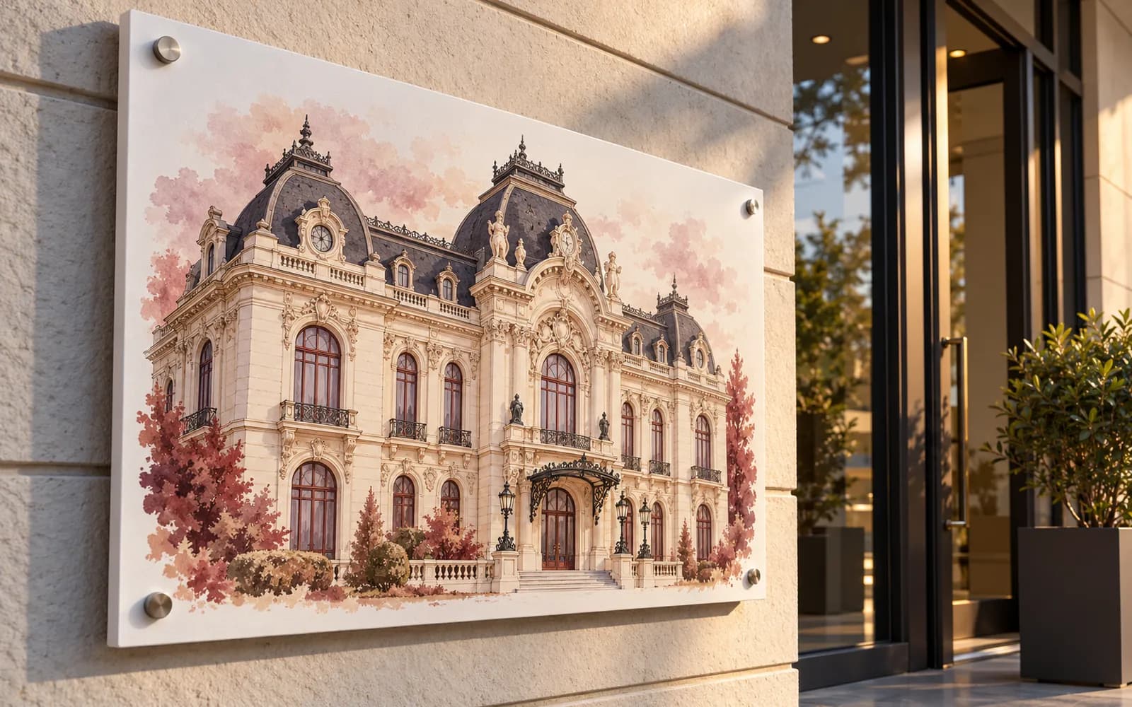 Panou imprimat cu ilustrația reperului Palatul Jean Mihail, la intrarea unei clădiri moderne.