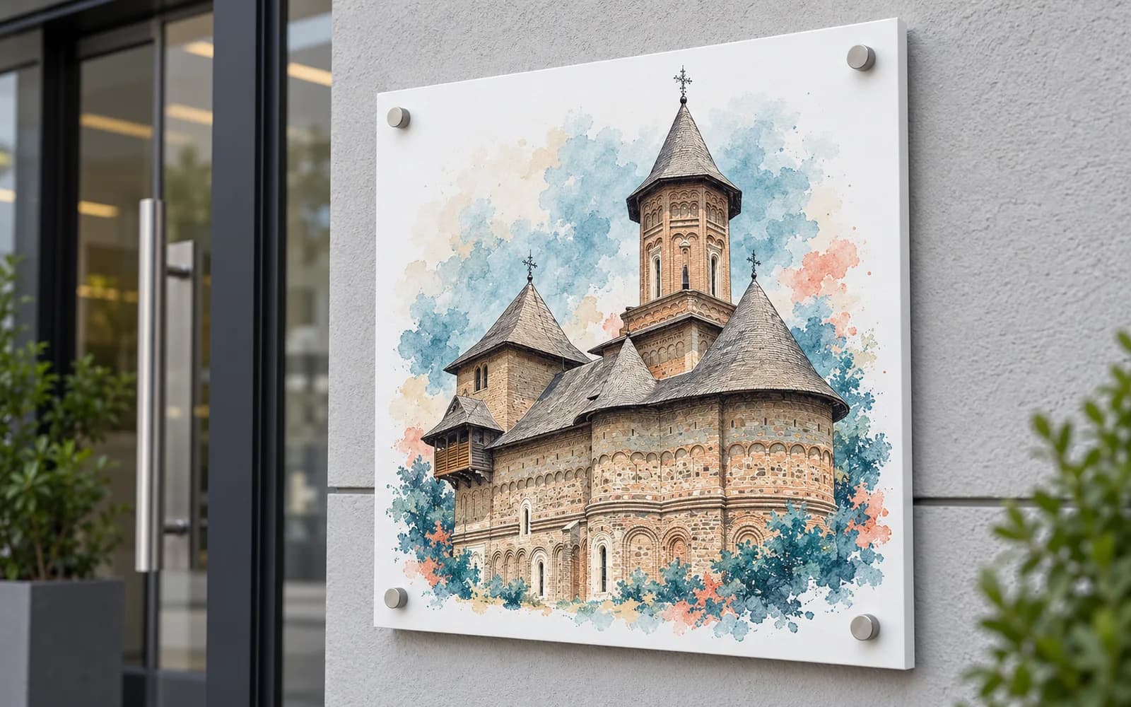 Panou imprimat cu ilustrația reperului Biserica Fortificată Precista, la intrarea unei clădiri moderne.