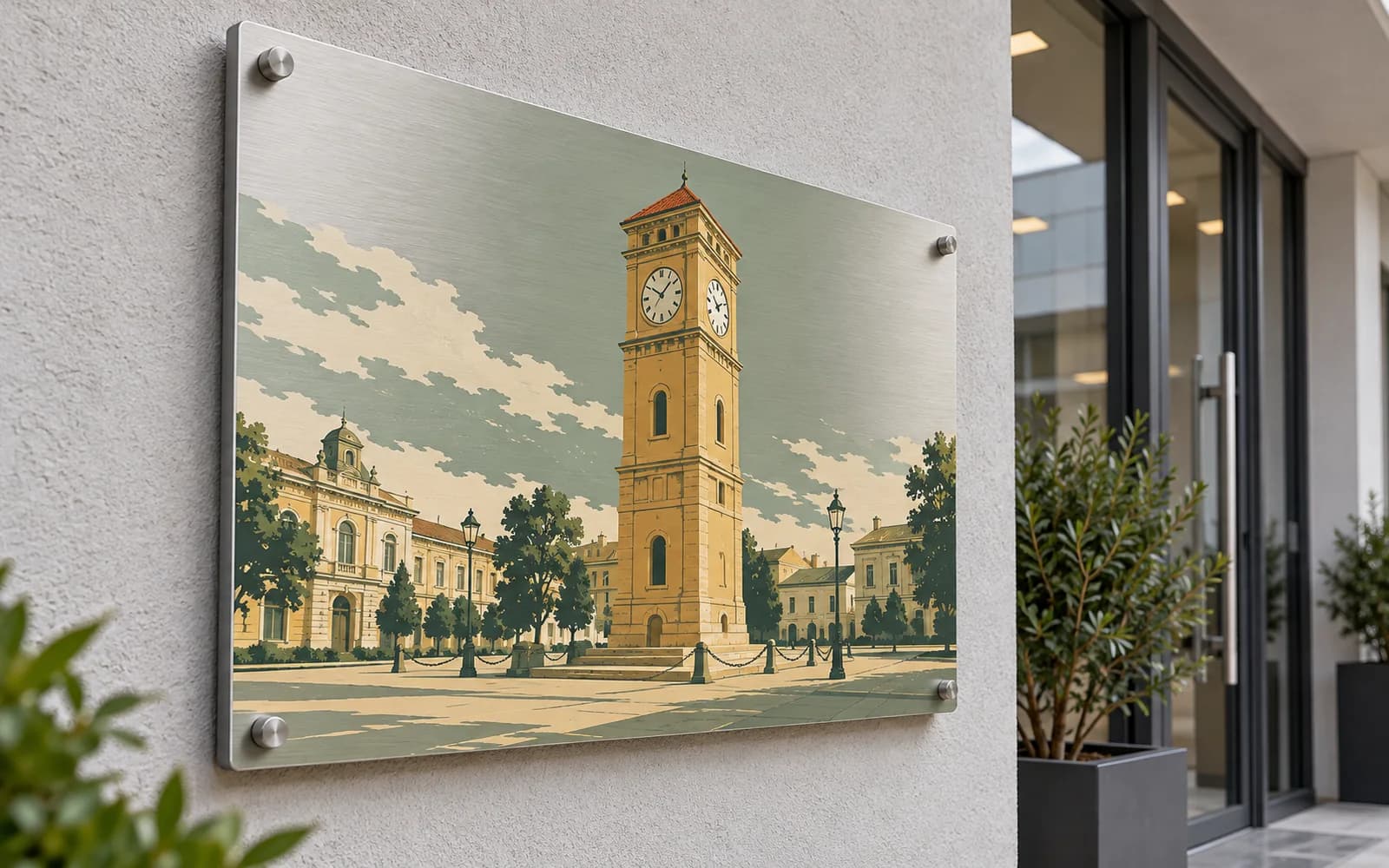 Panou imprimat cu ilustrația reperului Turnul Ceasornicului, la intrarea unei clădiri moderne.