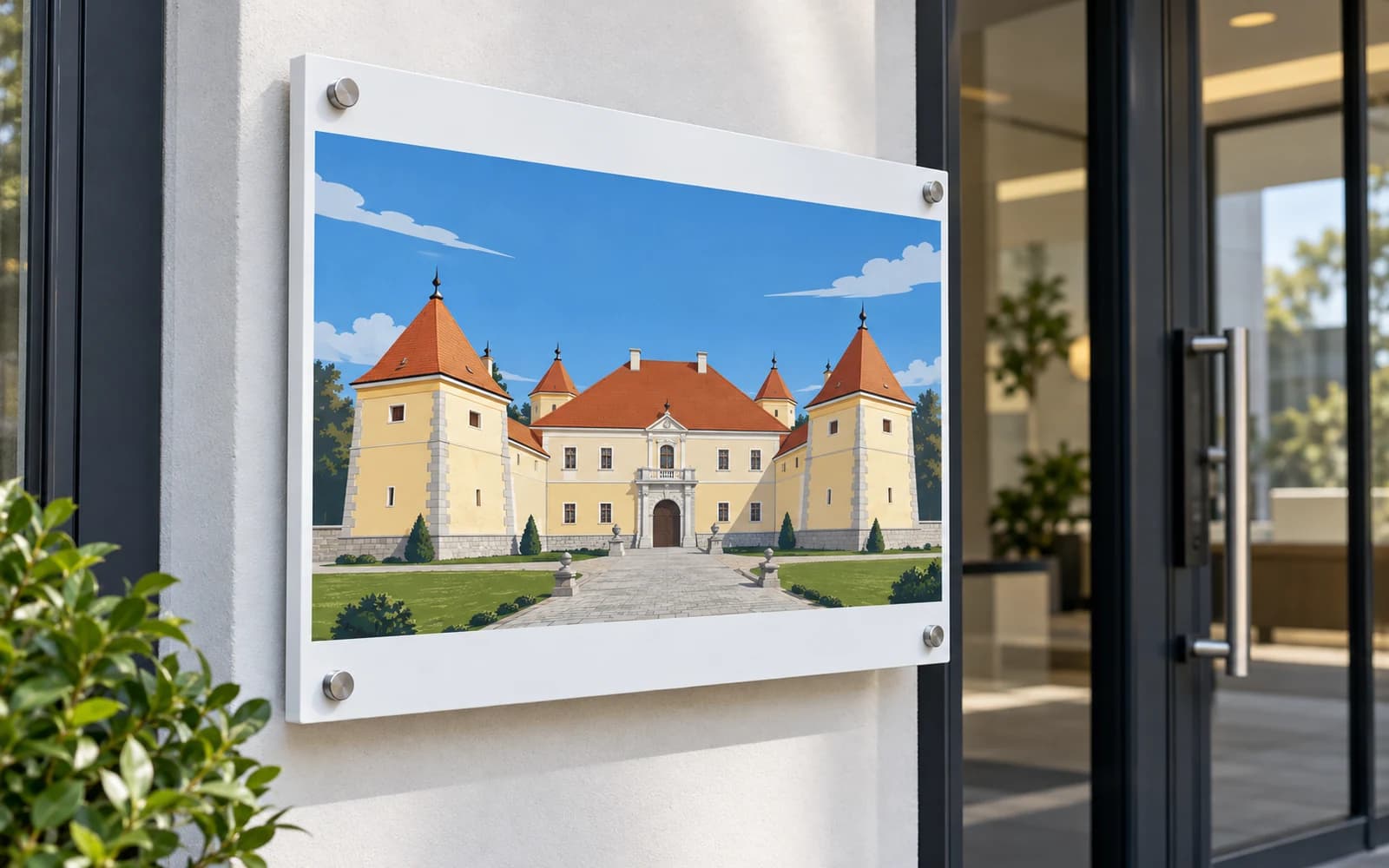 Panou imprimat cu ilustrația reperului Castelul Mikó, la intrarea unei clădiri moderne.