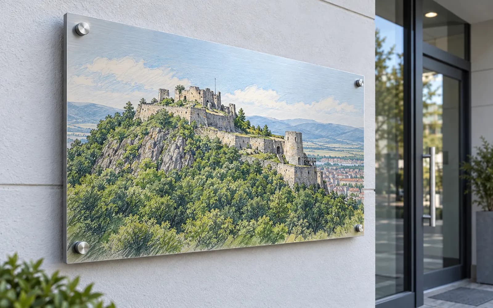 Panou imprimat cu ilustrația reperului Cetatea Devei, la intrarea unei clădiri moderne.