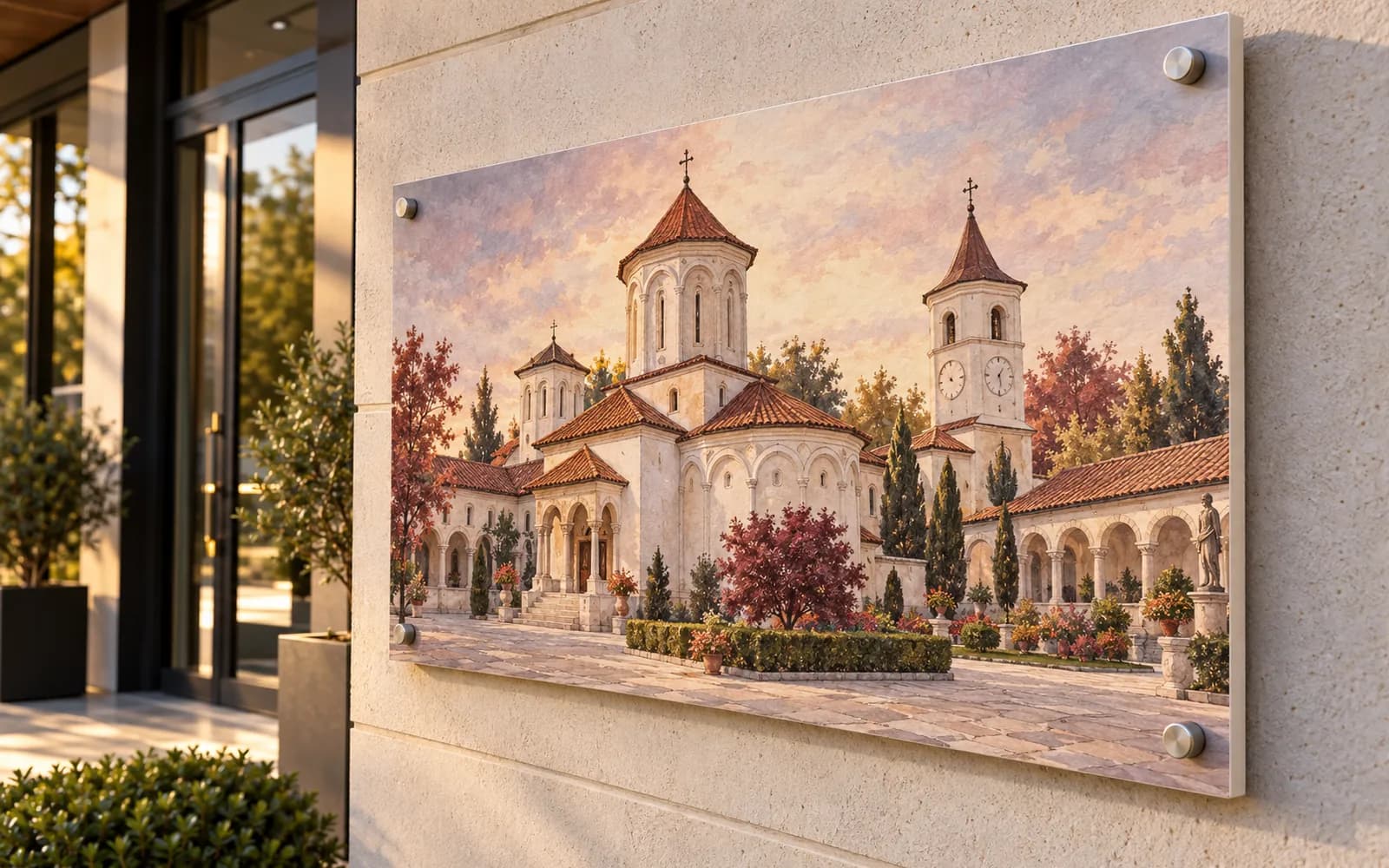 Panou imprimat cu ilustrația reperului Mănăstirea Sfinții Voievozi, la intrarea unei clădiri moderne.