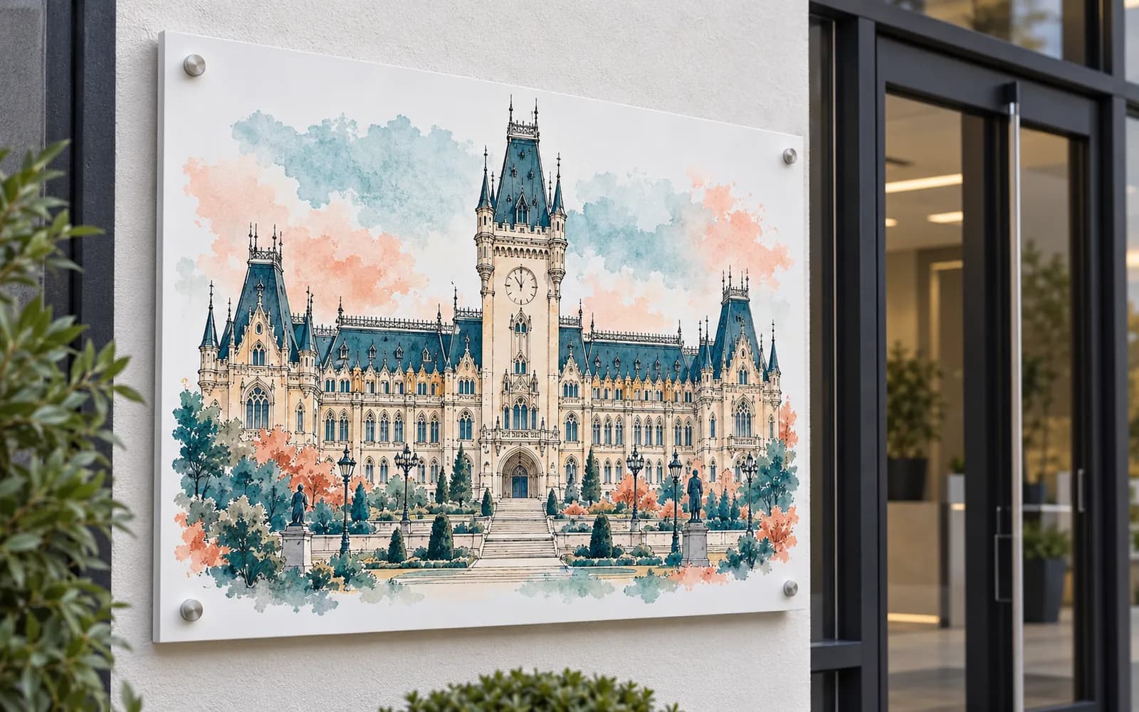 Panou imprimat cu ilustrația reperului Palatul Culturii, la intrarea unei clădiri moderne.