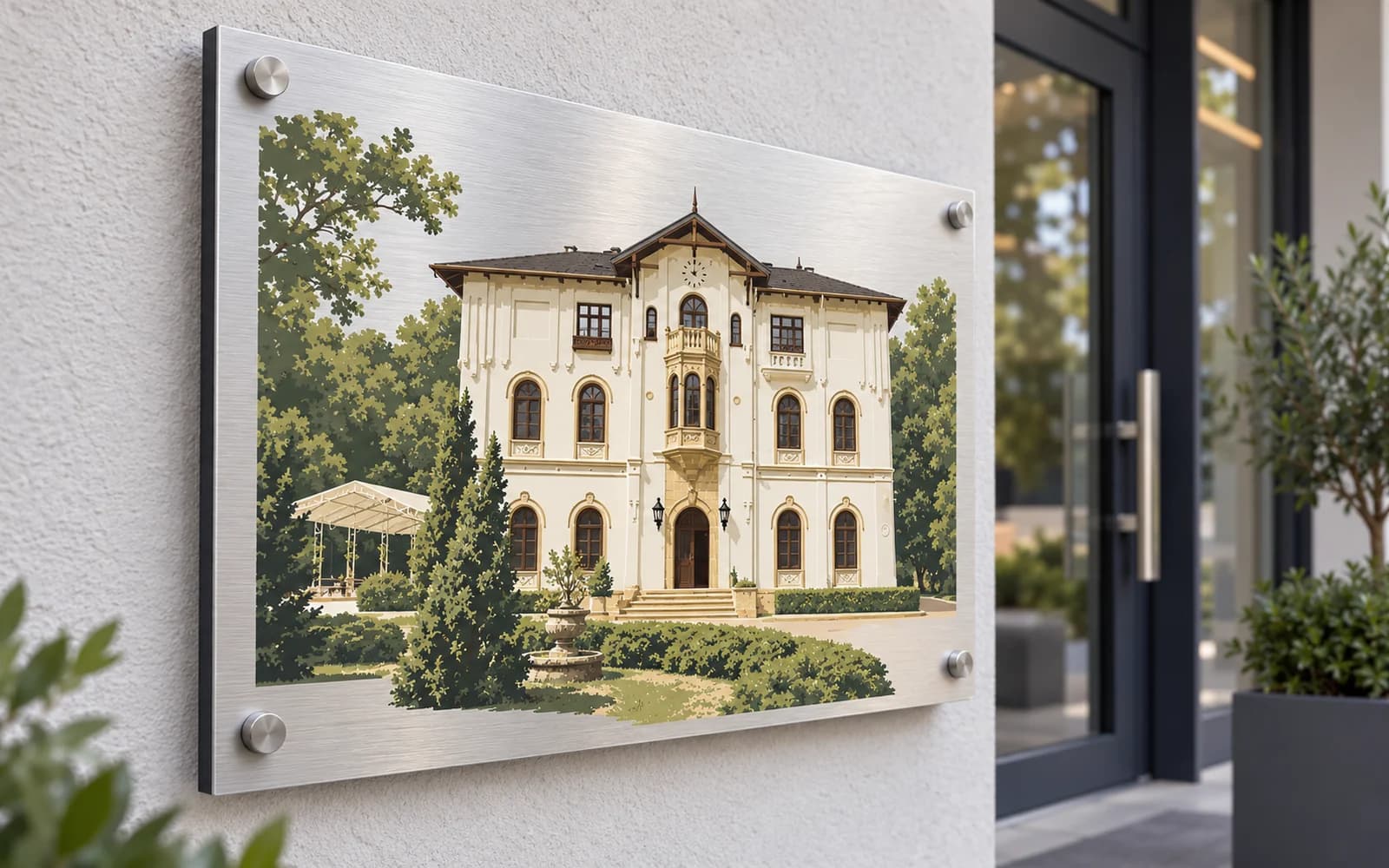Panou imprimat cu ilustrația reperului Palatul Știrbey din Buftea, la intrarea unei clădiri moderne.