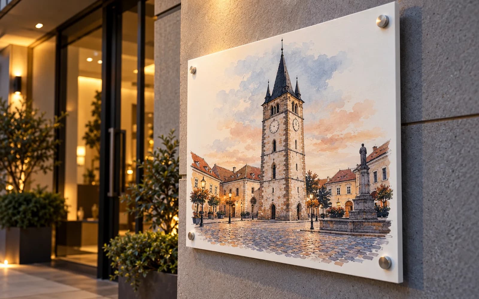 Panou imprimat cu ilustrația reperului Turnul Ștefan, la intrarea unei clădiri moderne.