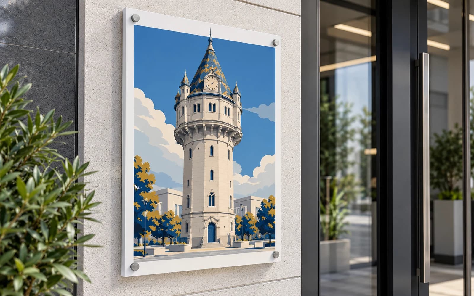 Panou imprimat cu ilustrația reperului Castelul de Apă, la intrarea unei clădiri moderne.