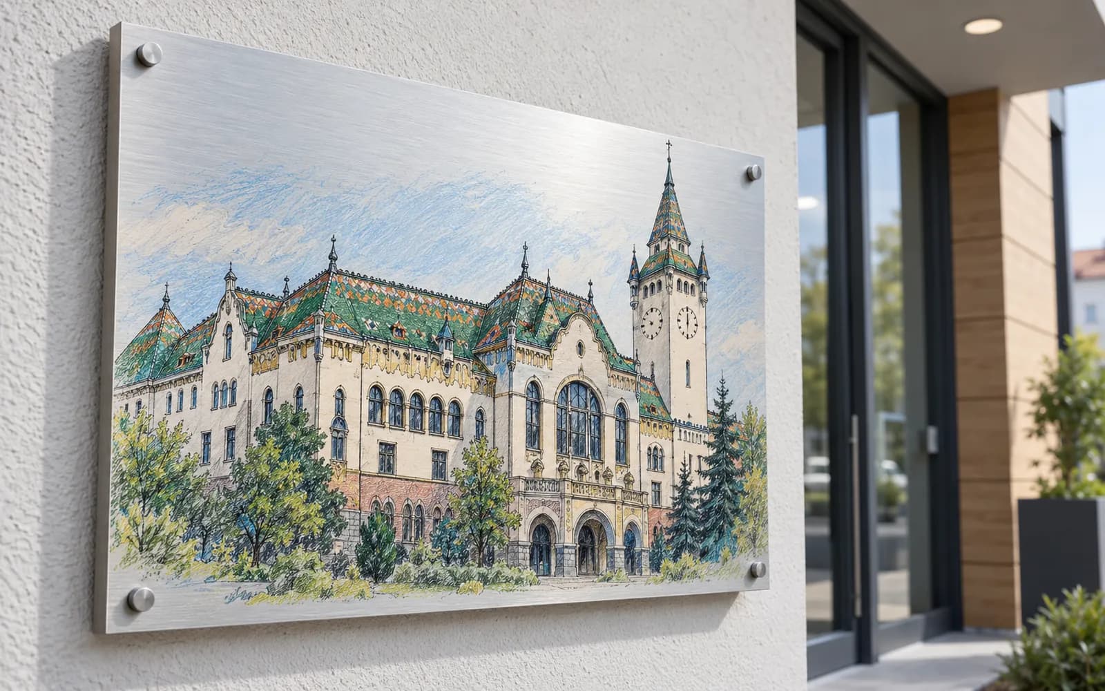 Panou imprimat cu ilustrația reperului Palatul Culturii, la intrarea unei clădiri moderne.