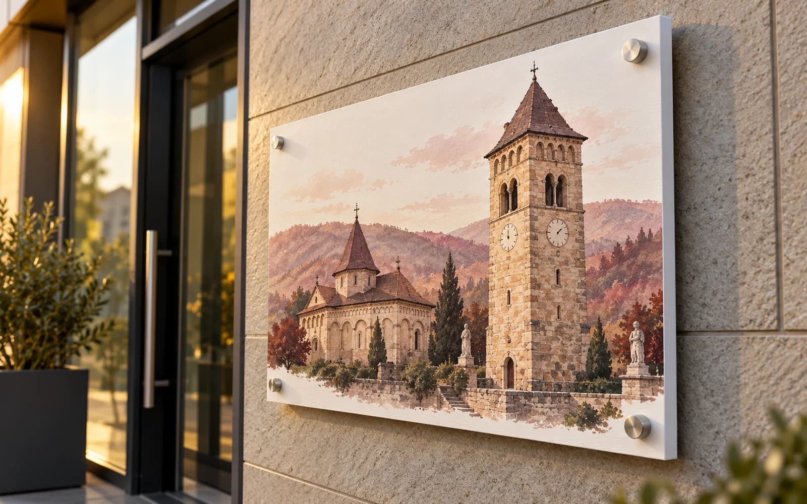 Panou imprimat cu ilustrația reperului Turnul lui Ștefan cel Mare, la intrarea unei clădiri moderne.