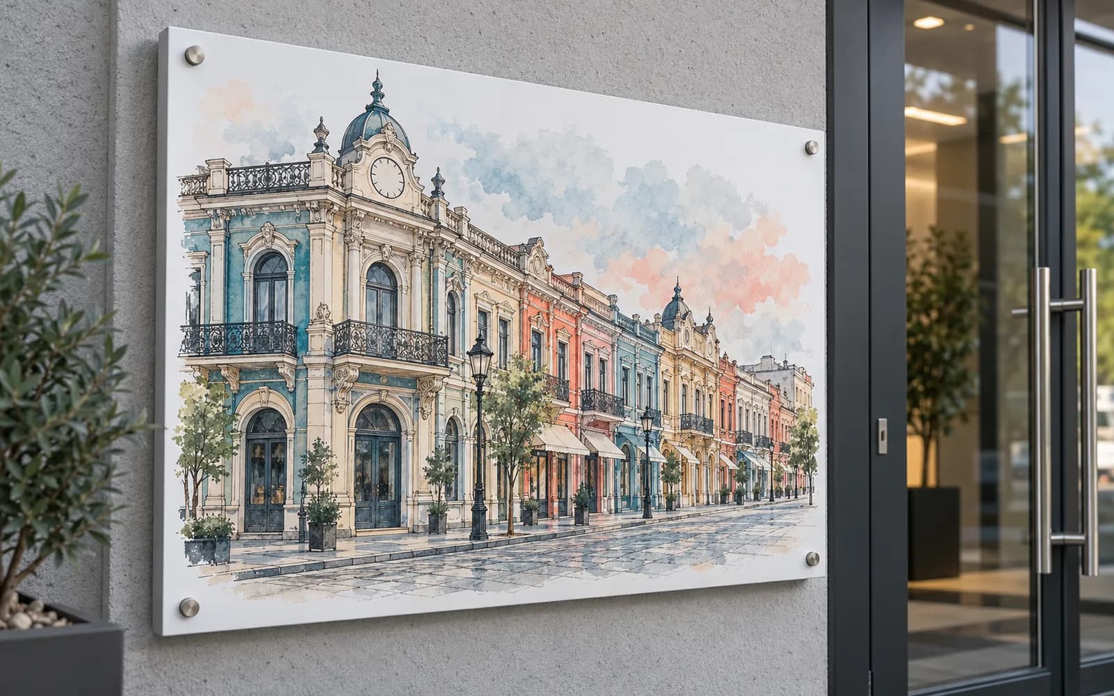 Panou imprimat cu ilustrația reperului Centrul Vechi, la intrarea unei clădiri moderne.