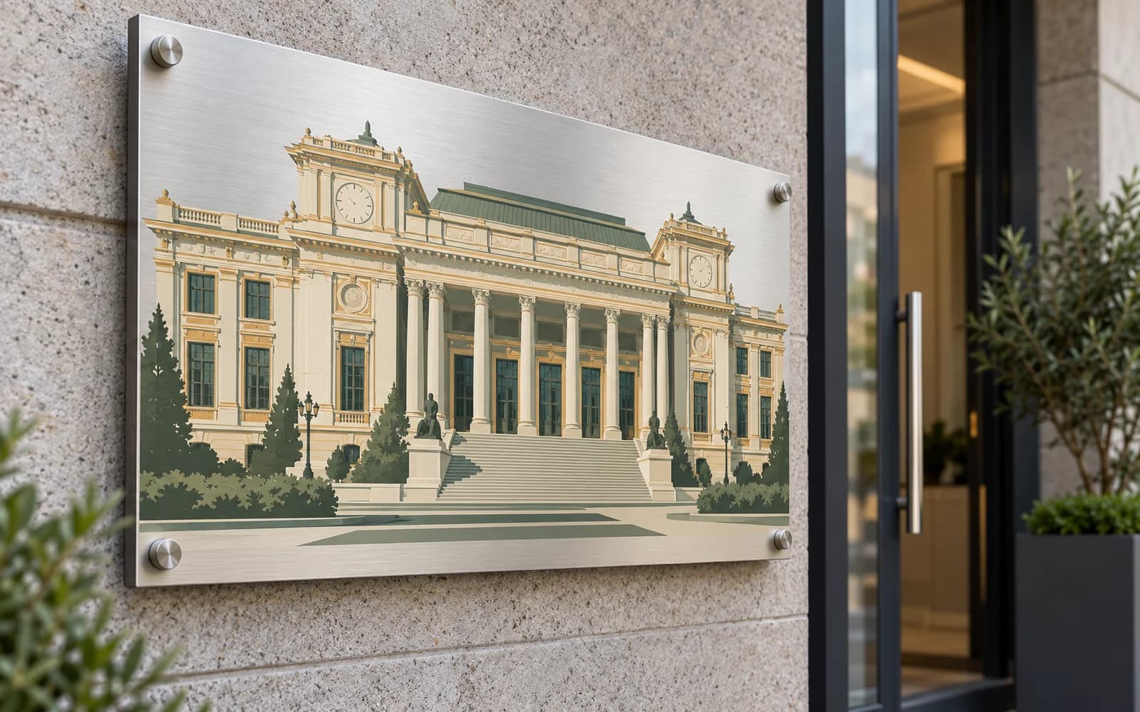 Panou imprimat cu ilustrația reperului Palatul Culturii, la intrarea unei clădiri moderne — reper al județului Prahova, livrare în Ploiești