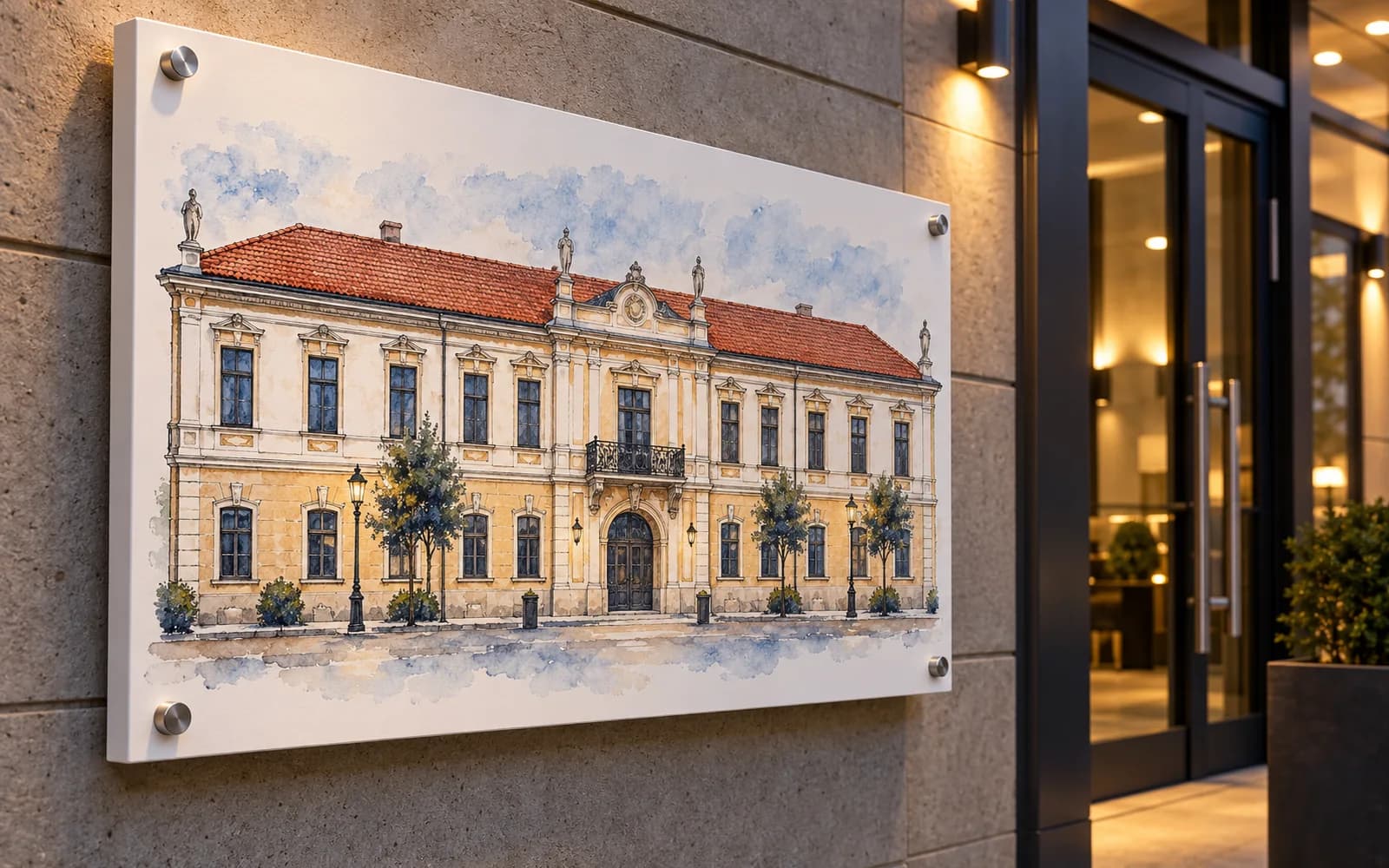 Panou imprimat cu ilustrația reperului Clădirea Transilvania, la intrarea unei clădiri moderne.