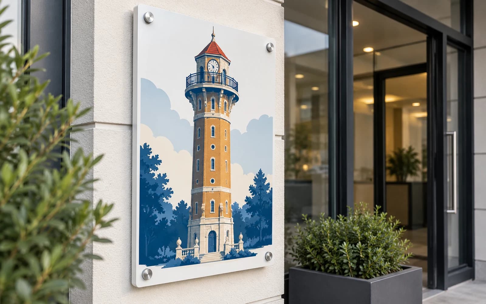 Panou imprimat cu ilustrația reperului Turnul Pompierilor, la intrarea unei clădiri moderne.