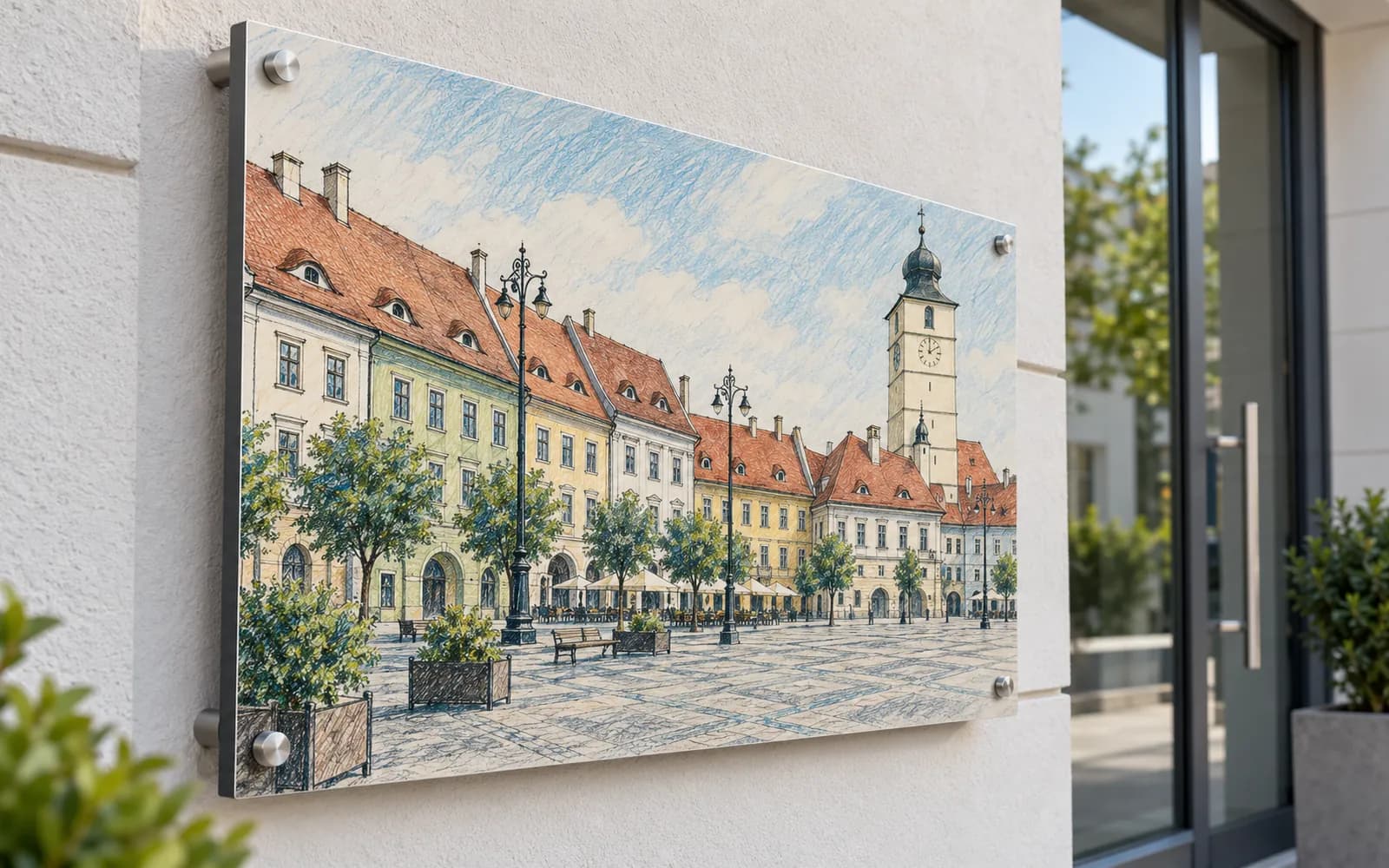 Panou imprimat cu ilustrația reperului Piața Mare, la intrarea unei clădiri moderne.
