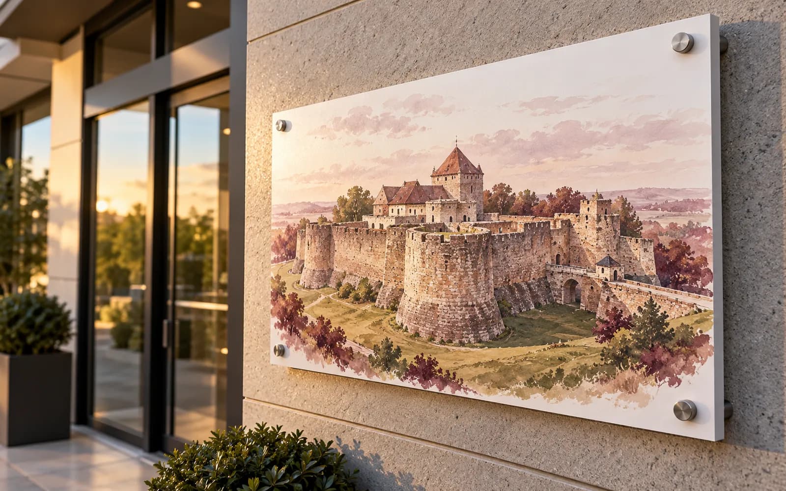 Panou imprimat cu ilustrația reperului Cetatea de Scaun, la intrarea unei clădiri moderne.