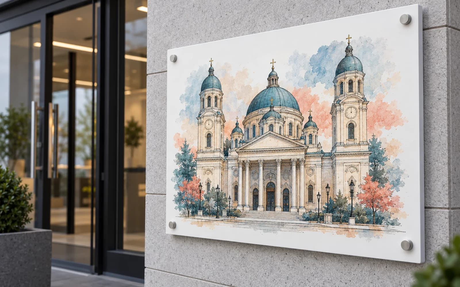 Panou imprimat cu ilustrația reperului Catedrala Sfântul Alexandru, la intrarea unei clădiri moderne.