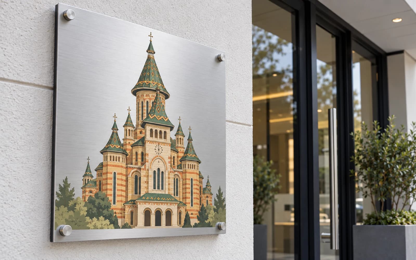 Panou imprimat cu ilustrația reperului Catedrala Mitropolitană, la intrarea unei clădiri moderne.