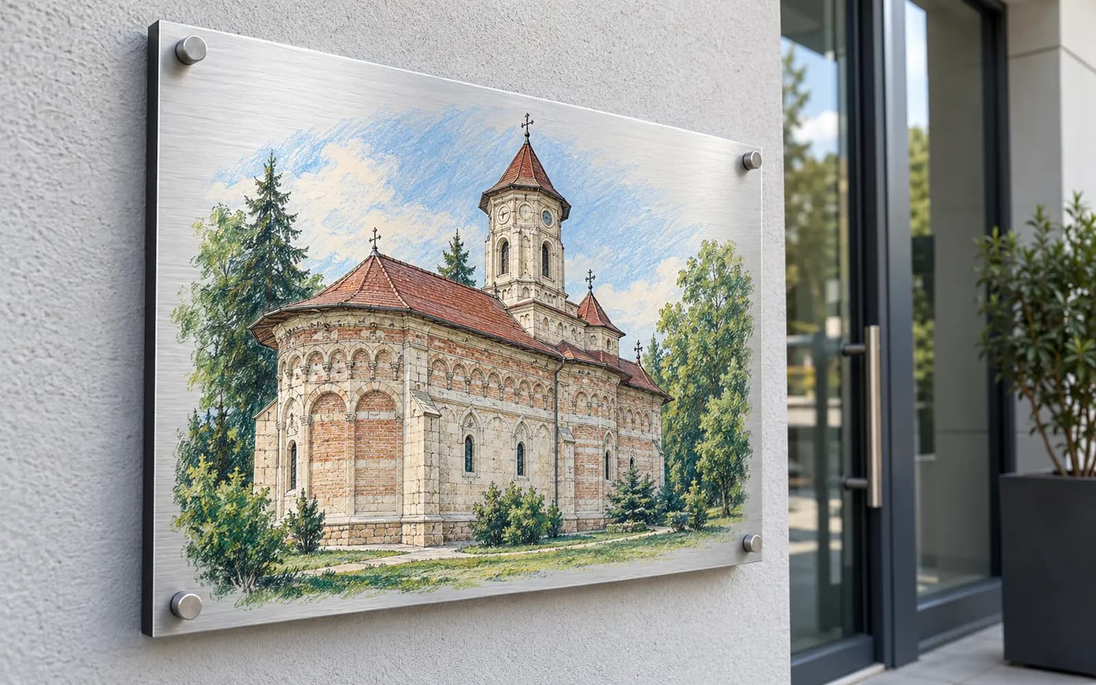 Panou imprimat cu ilustrația reperului Biserica Domnească Sfântul Ioan Botezătorul, la intrarea unei clădiri moderne.