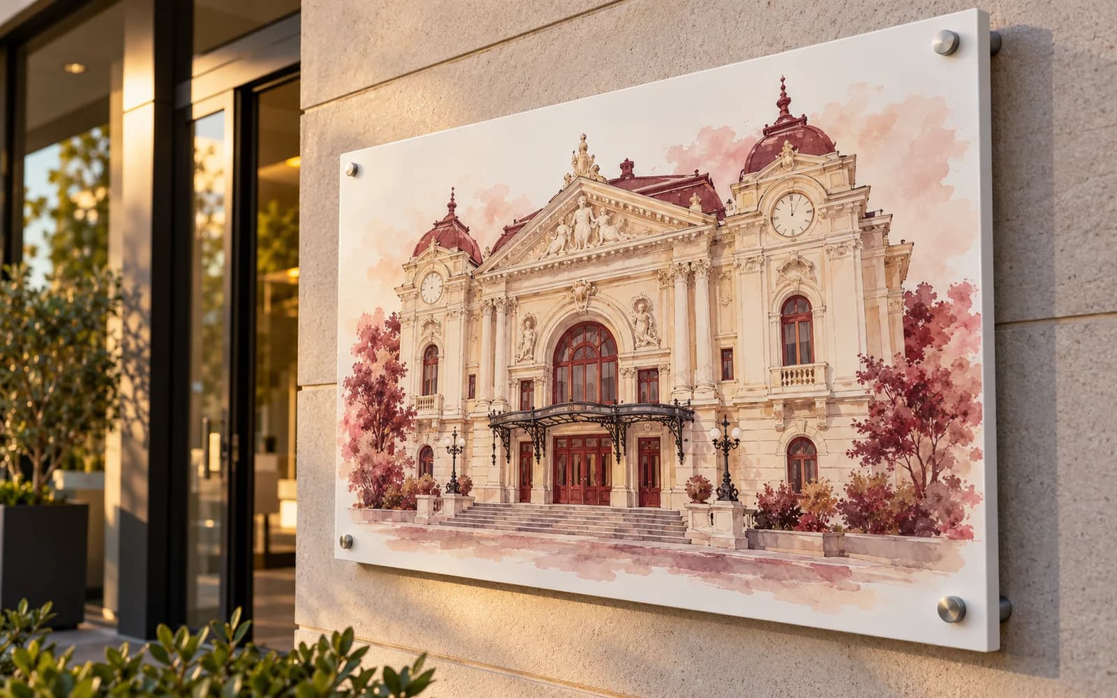 Panou imprimat cu ilustrația reperului Teatrul Maior Gheorghe Pastia, la intrarea unei clădiri moderne.
