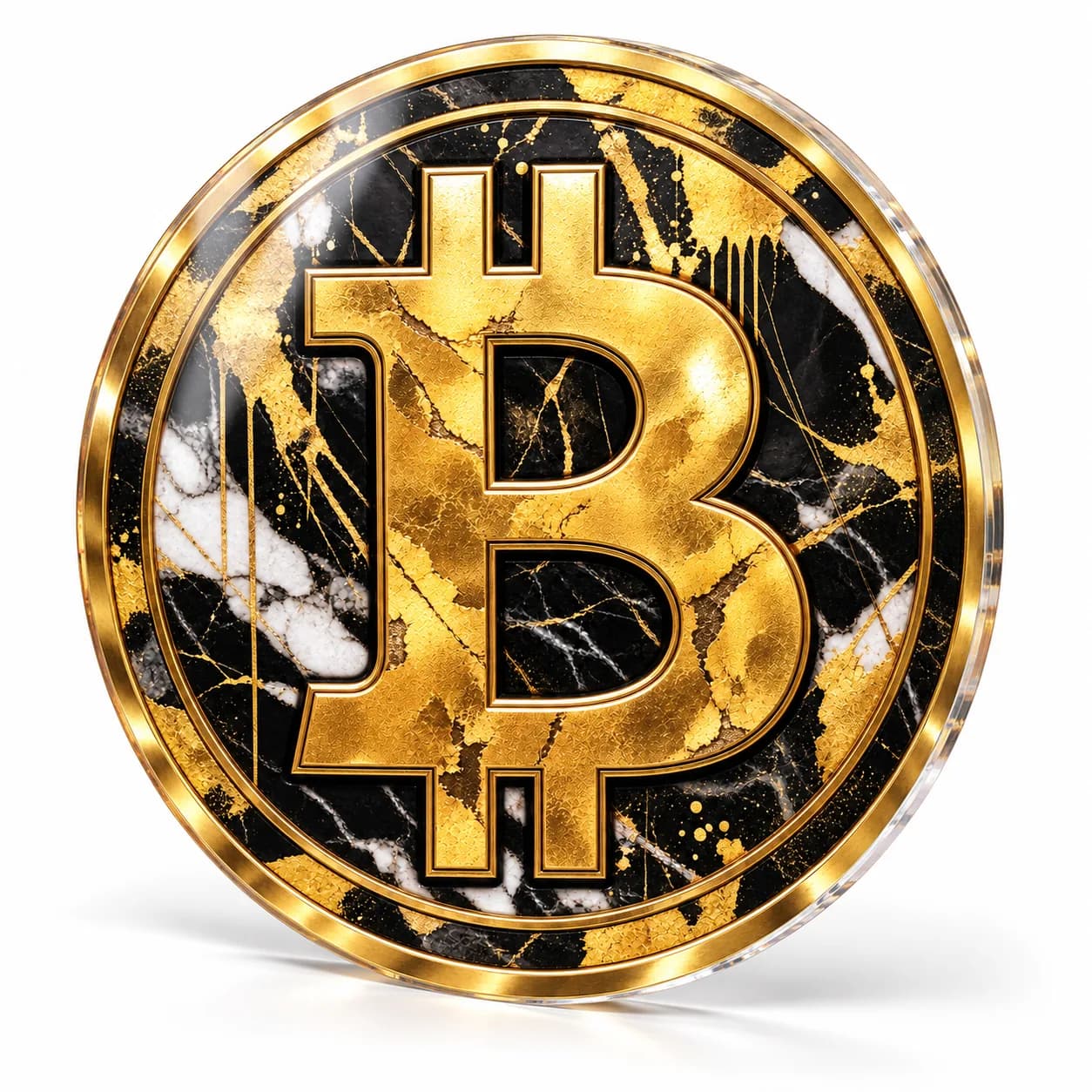 Monedă Bitcoin aurie – tablou plexiglas decupat pe contur