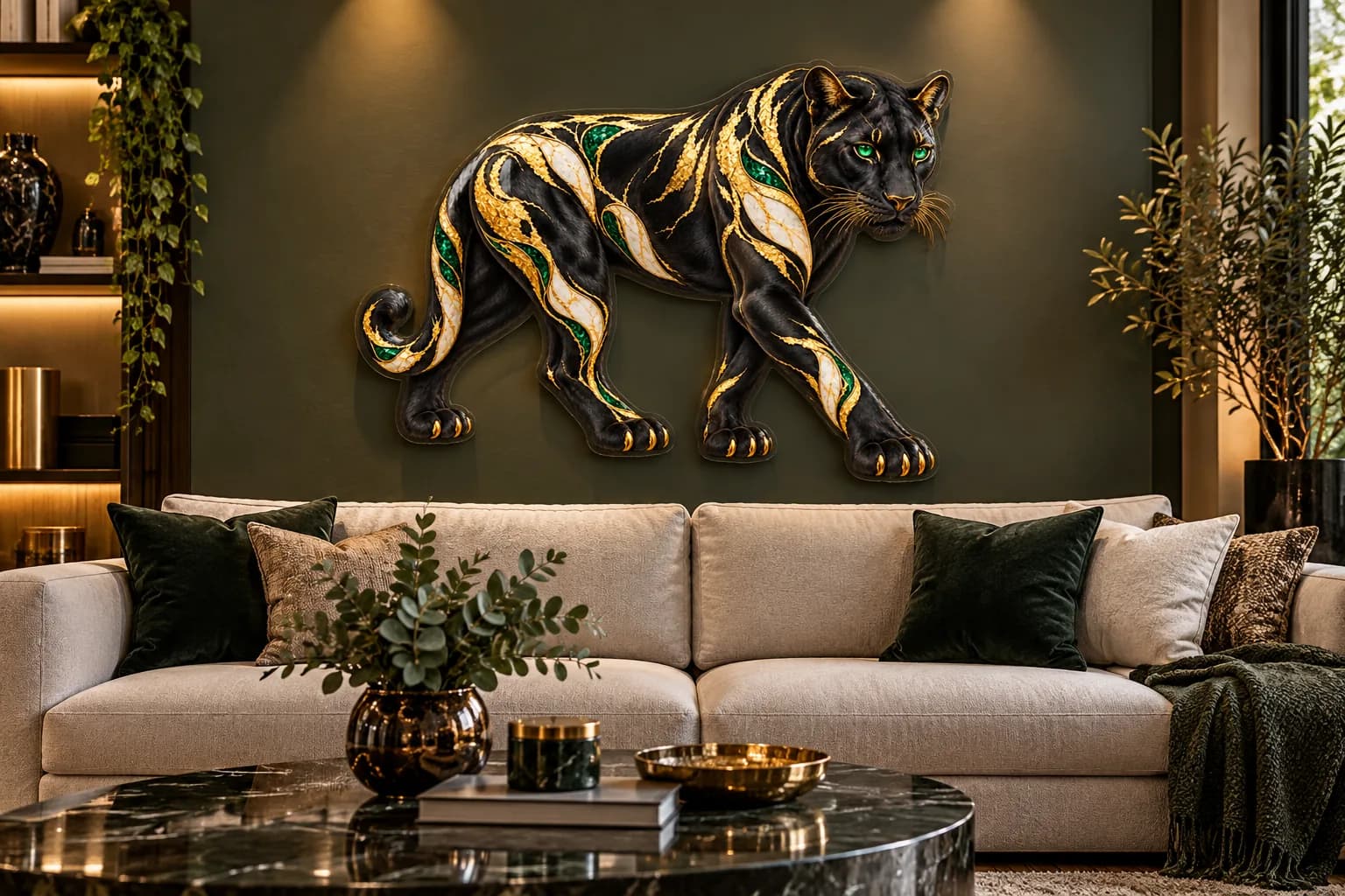 Panteră neagră cu auriu, tablou din plexiglas pe peretele unui living (simulare)