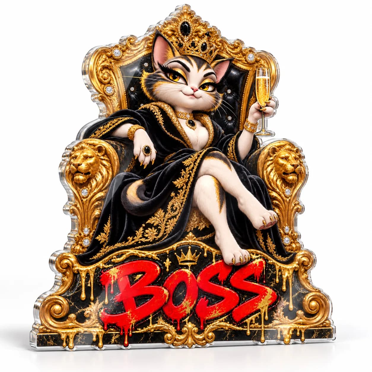 Pisică pe tron „BOSS” – tablou plexiglas pop-art decupat pe contur